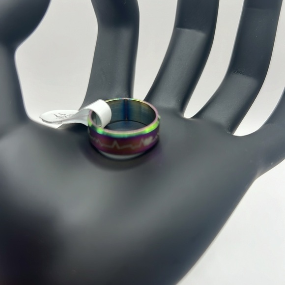Heartline Etched Heart Pulse Rainbow Stainless Steel Ring Band - Picture 5 of 8